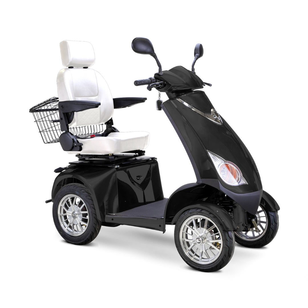 The Bespoke Platinum Recreational 4-Wheel Scooter features a black design, white cushioned seat, high-performance motor, electric brake assist, rear storage basket, side mirrors, and front reflective lights.